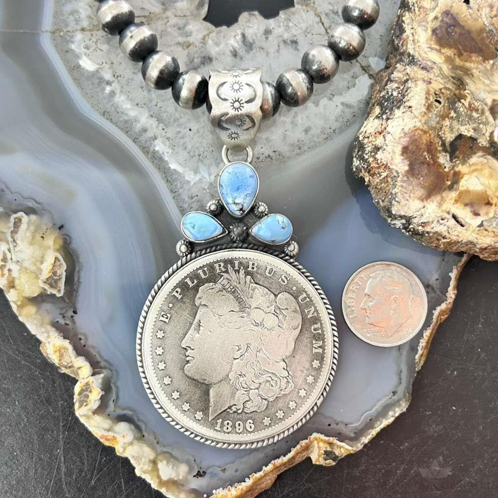 Genuine 1896 90% Morgan Silver Dollar Coin Golden Hill Turquoise Unisex Pendant