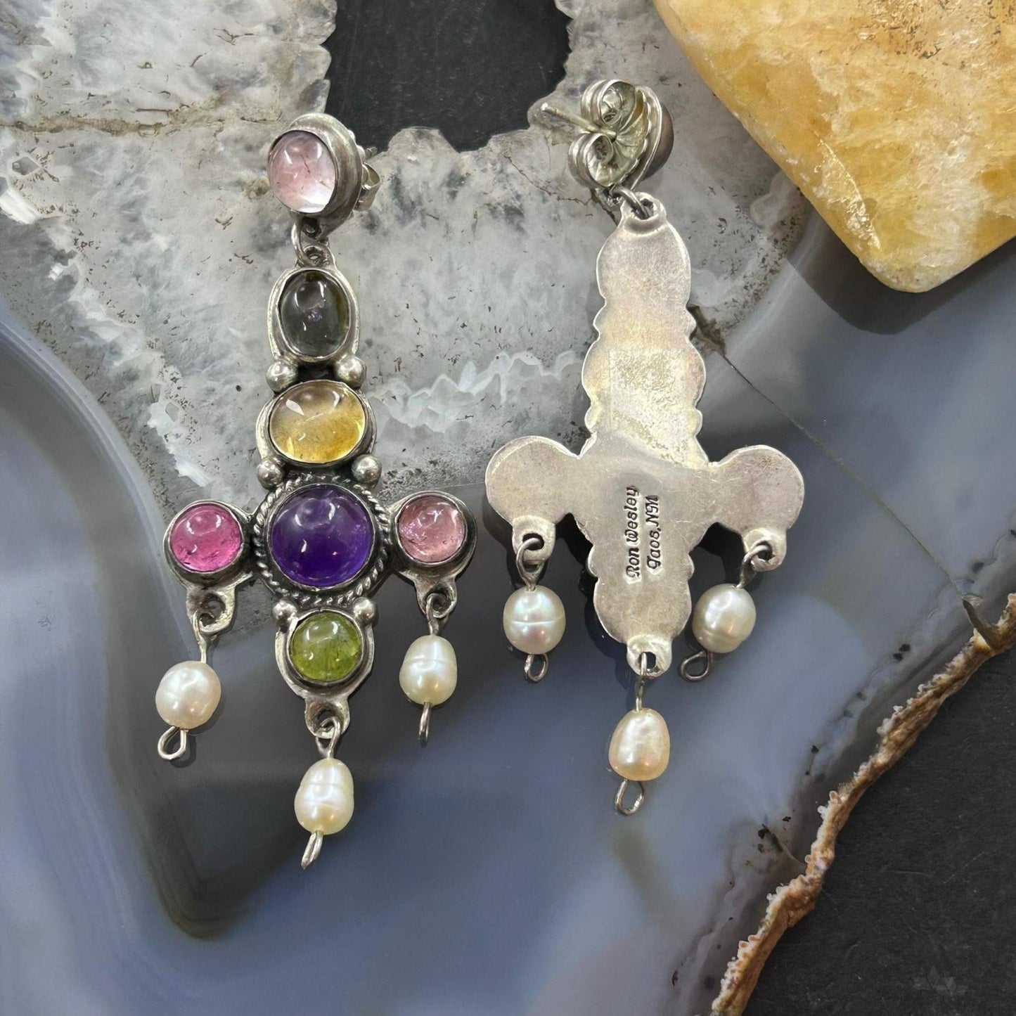 Ron Wesley Silver Southwestern Style Multi Gemstone Dangle Earrings For Women