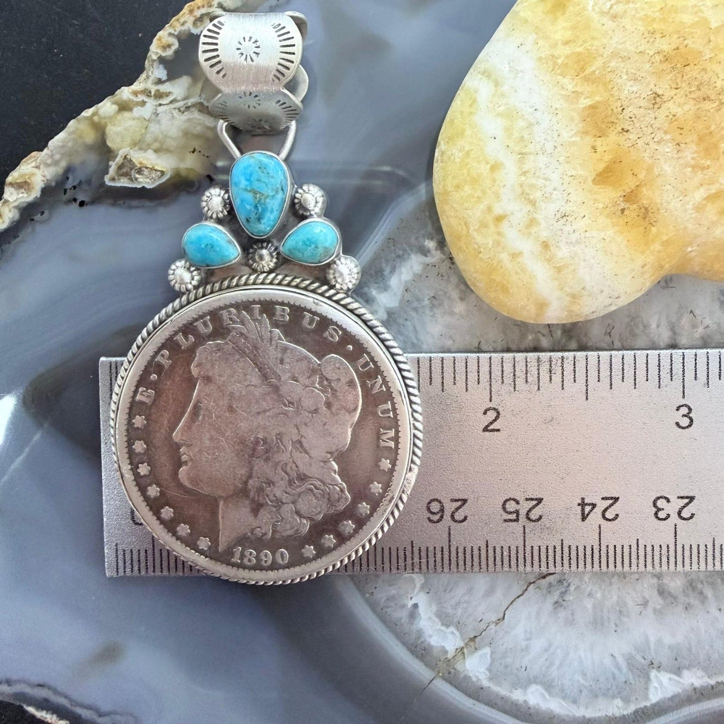 Genuine 1890 90% Morgan Silver Dollar Coin Turquoise Decorated Unisex Pendant