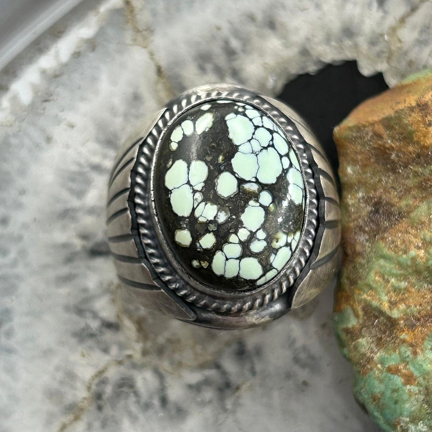 Native American Sterling Silver Oval Turquoise w/Matrix Shield Ring Size 9.5 For Men
