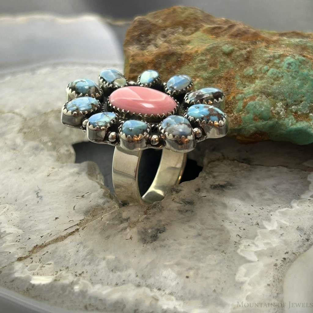 Sterling Silver Southwestern Style Pink Conch &Turquoise Adjustable Cluster Ring For Women