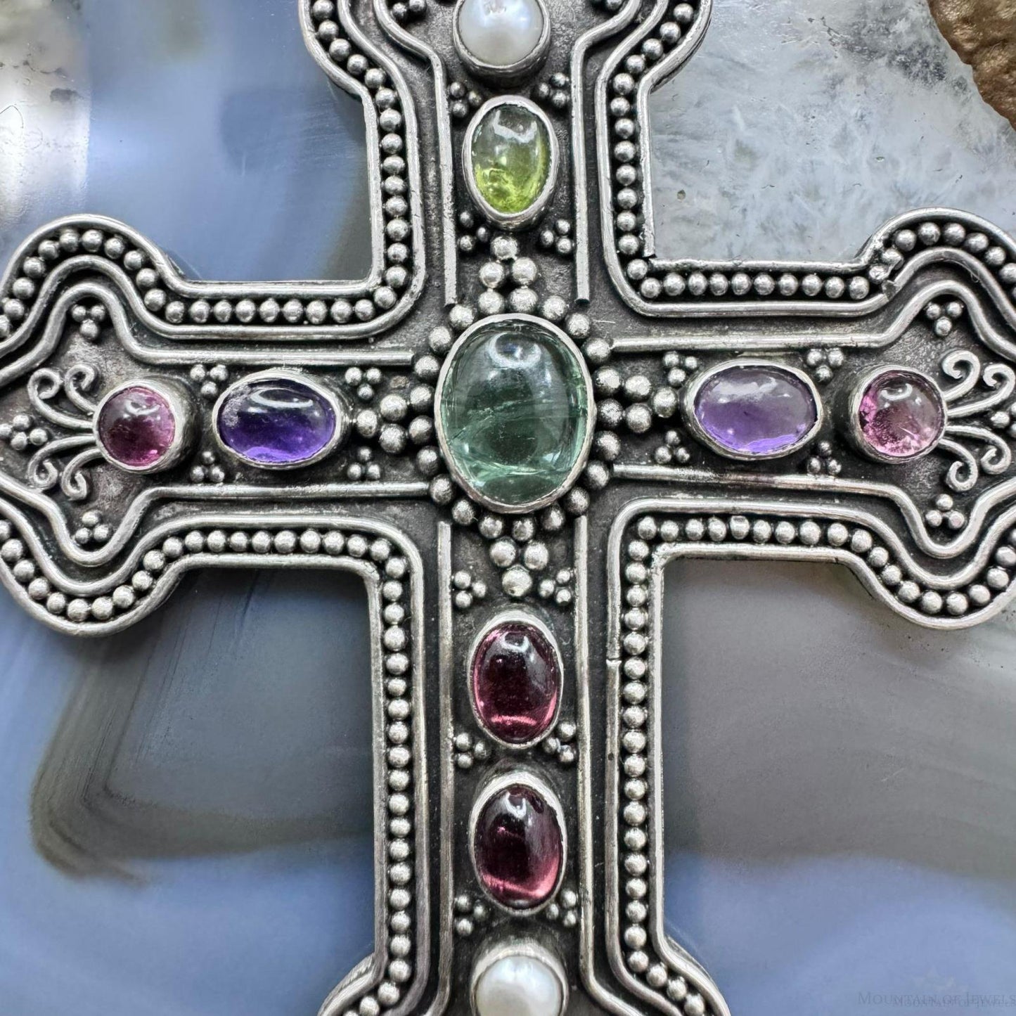 Vintage Sterling Silver Multi Gemstone Cross Pendant W/Brads Bead Chain Necklace