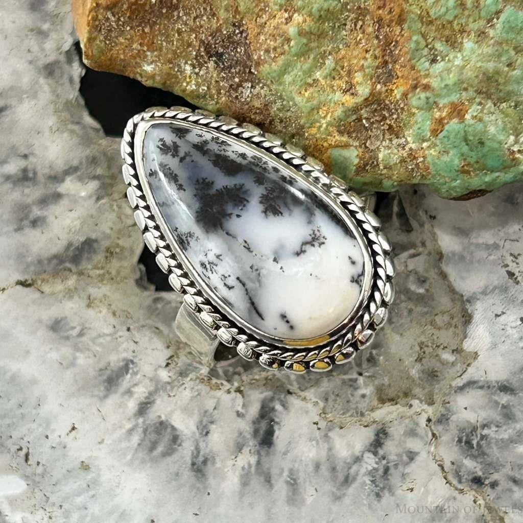 Sterling Silver Southwestern Style Teardrop Dendrite Agate Ring Size 7 For Women