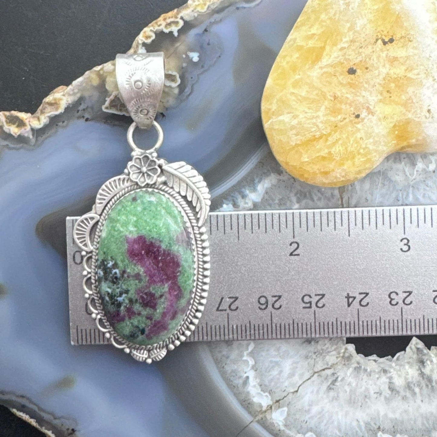 Sterling Silver Southwestern Style Elongated Oval Ruby Zoisite Decorated Pendant For Women