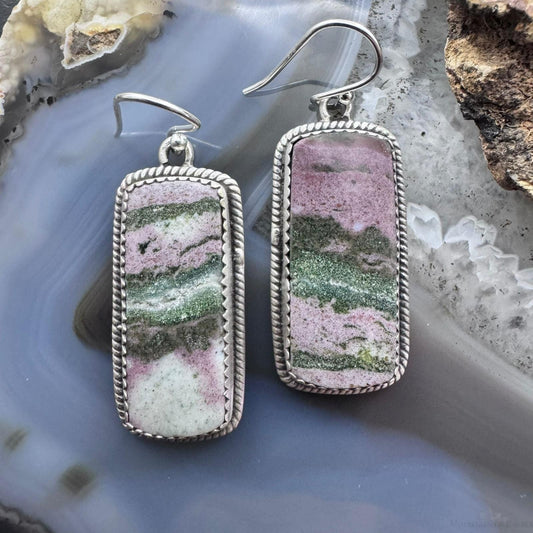 Sterling Silver Southwestern Style Elongated Rectangular River Jasper Dangle Earrings For Women
