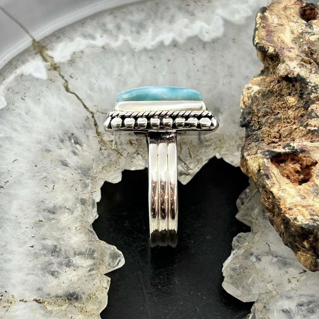 Sterling Silver Southwestern Style Larimar Decorated Bar Ring Size 6.5 For Women
