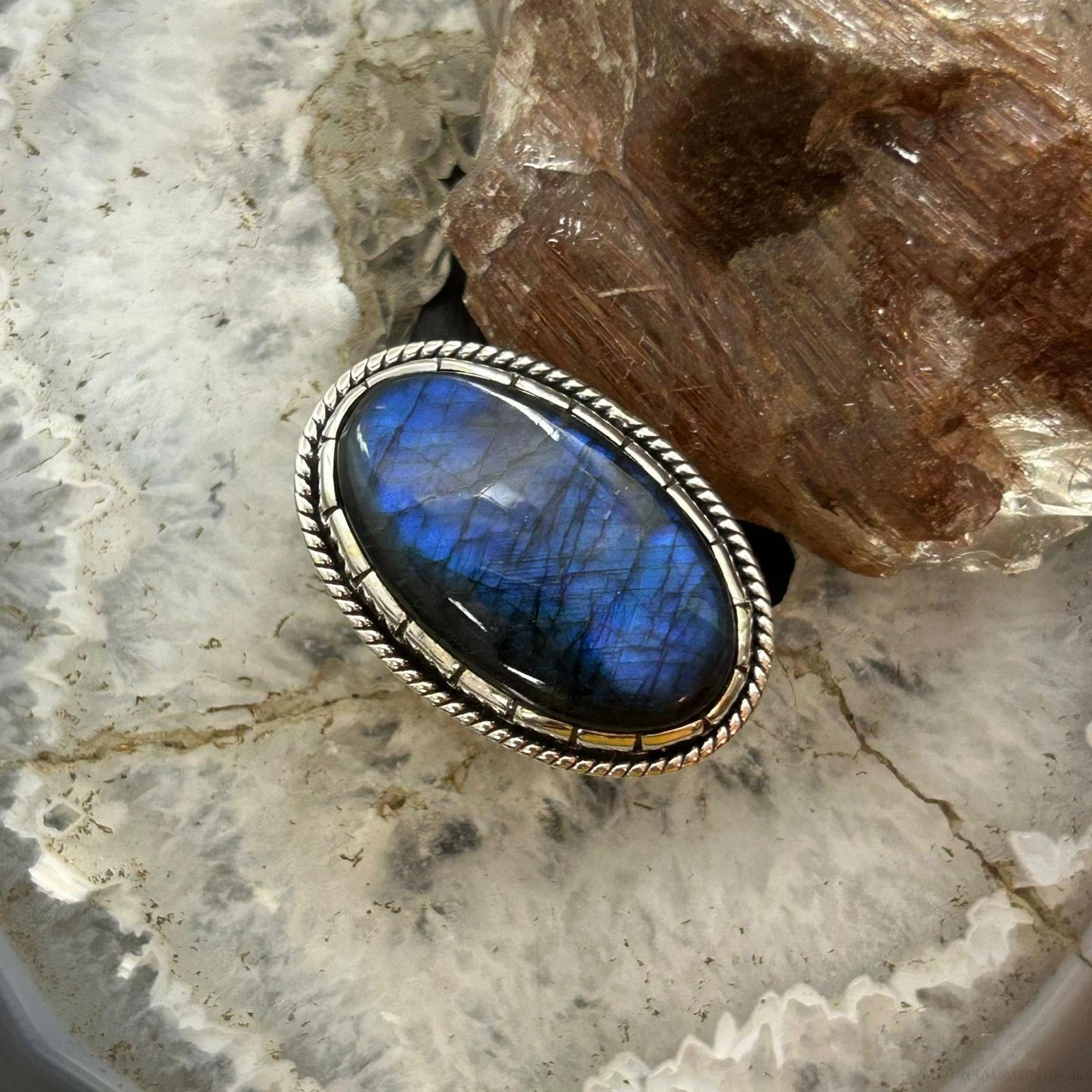 Sterling Silver Southwestern Style Oval Labradorite Decorated Ring Size 8 For Women