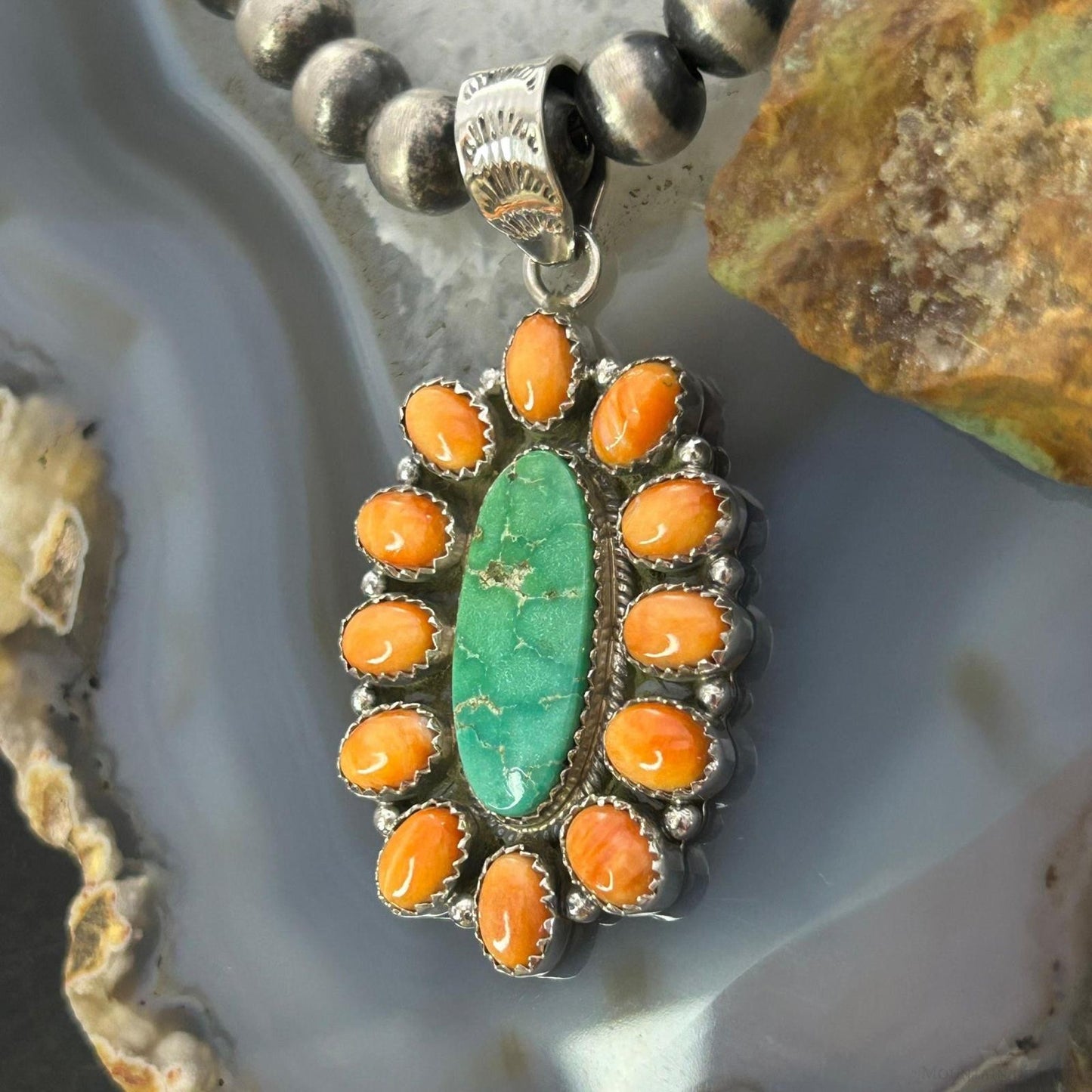 Sterling Silver Southwestern Spiny Oyster & Emerald Valley Turquoise Cluster Pendant For Women