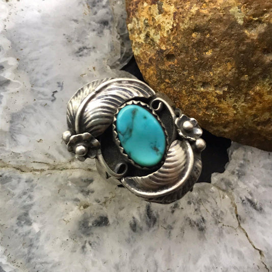 Vintage Signed Native American Silver Turquoise Floral Ring Size 7.5 For Women