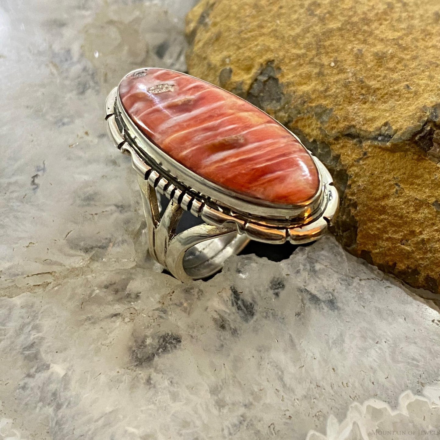 Native American Sterling Silver Elongated Oval Spiny Oyster Ring S 7.5 For Women