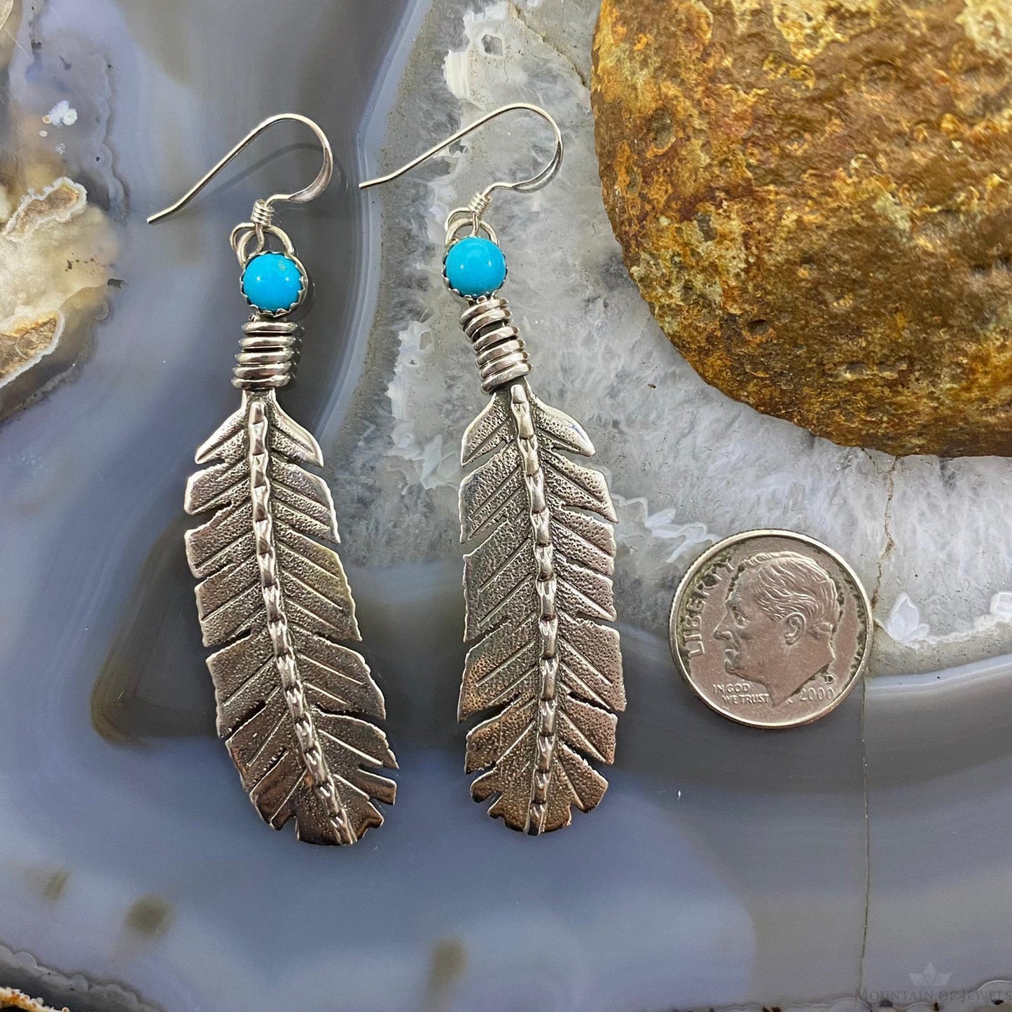 Brad Panteah Native American Sterling Long Feather w/Turquoise Dangle Earrings