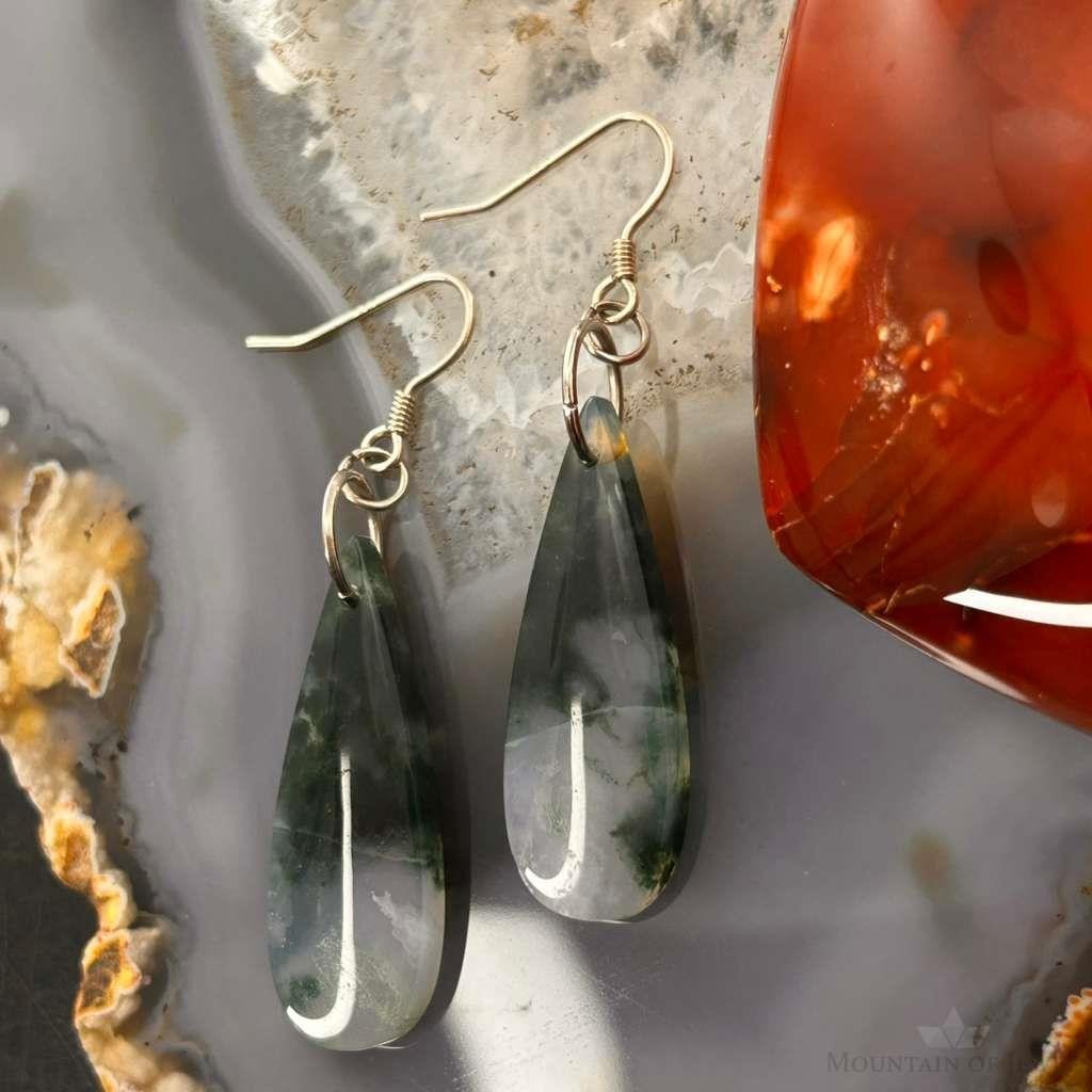 Sterling Silver Elongated Teardrop Moss Agate Slab Dangle Earrings For Women #328