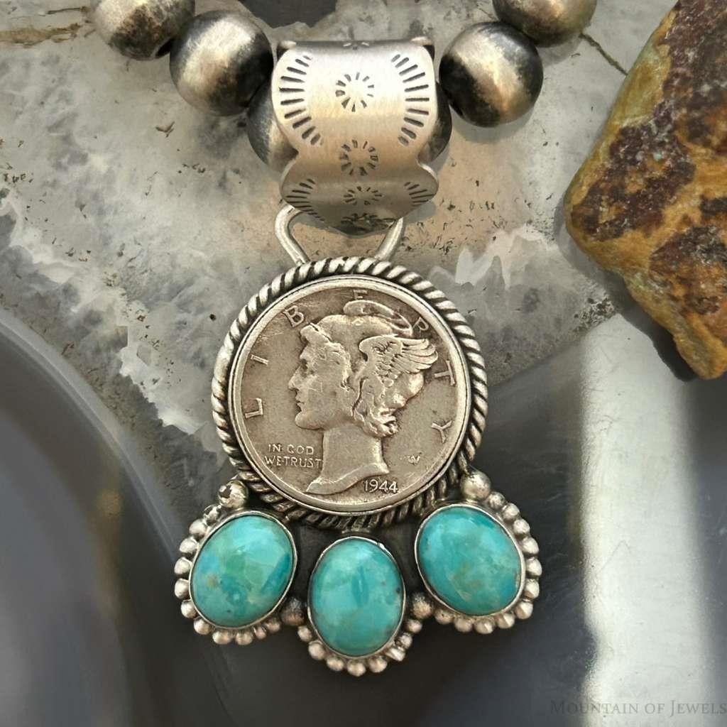 Genuine 1944 90% Silver Mercury Dime Coin Mohave Turquoise Unisex Pendant