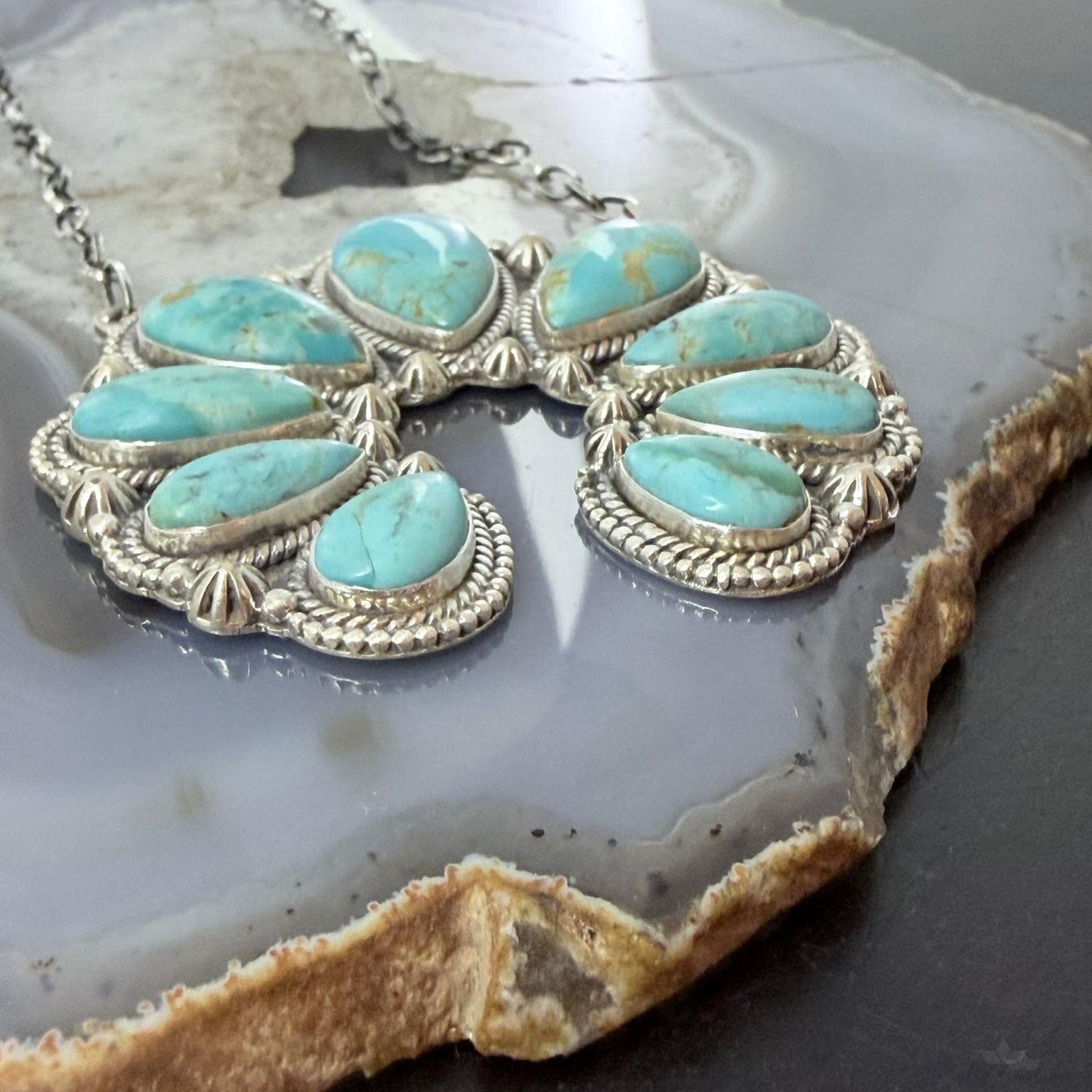 Sterling Silver Southwestern Style Teardrop Graduated Turquoise Naja Necklace For Women