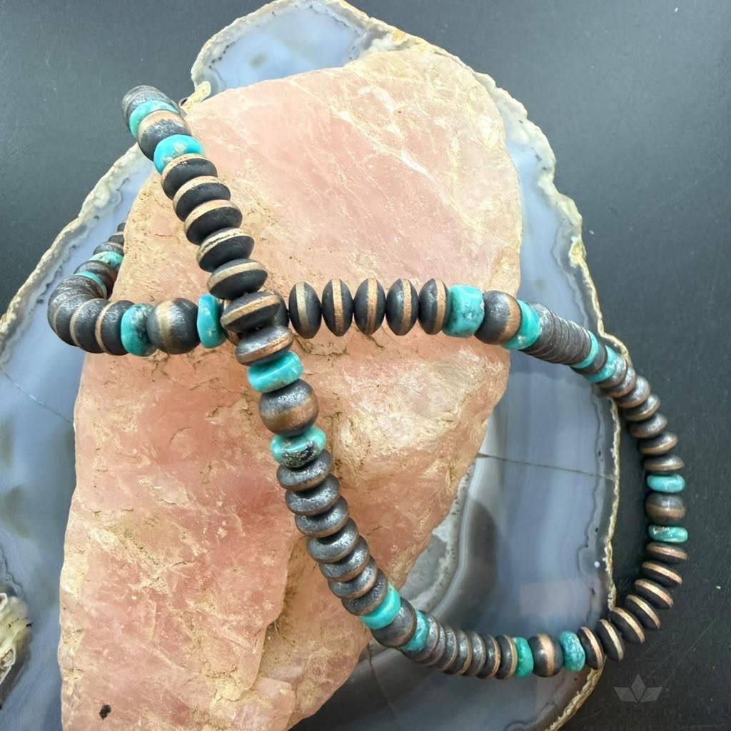 Southwestern Style Copper 8mm Navajo Pearl Saucer & Turquoise 18"-20" Necklace