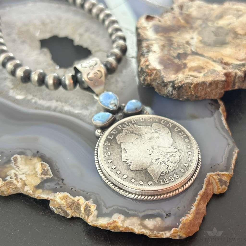 Genuine 1896 90% Morgan Silver Dollar Coin Golden Hill Turquoise Unisex Pendant