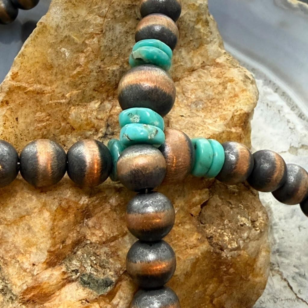 Southwestern Style Copper 8-10mm Navajo Pearl Beades &Turquoise Disk Necklace For Women