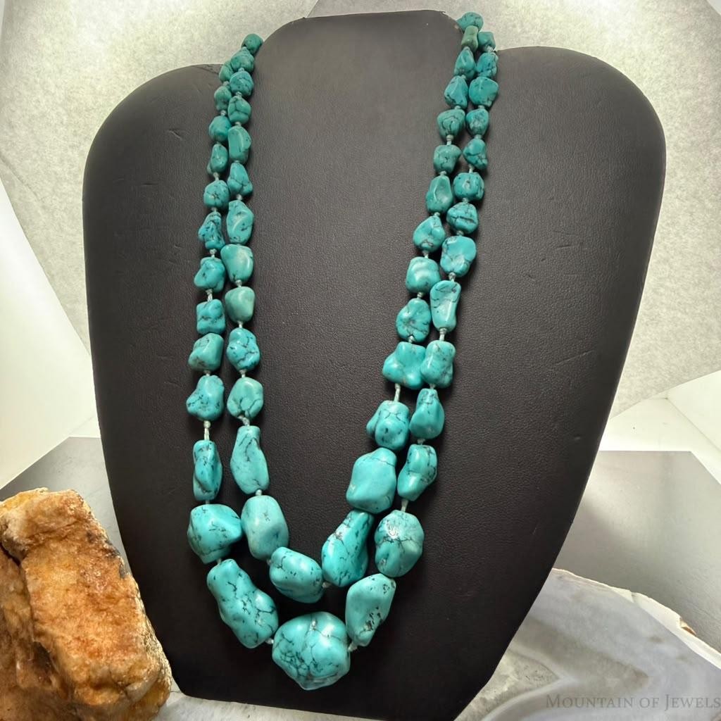 Vintage Silver Native American Graduated Rough Turquoise 18" Necklace For Women