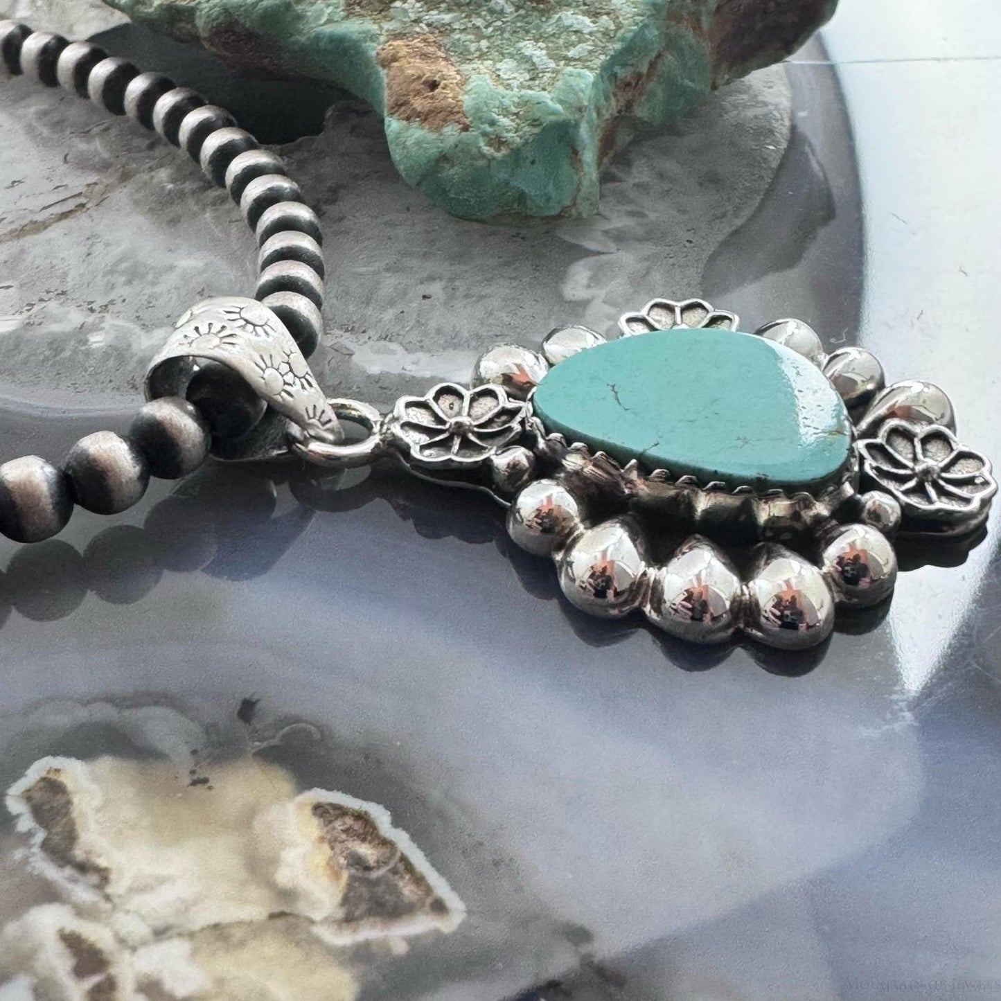 Sterling Silver Southwestern Style Teardrop Turquoise Decorated Pendant For Women