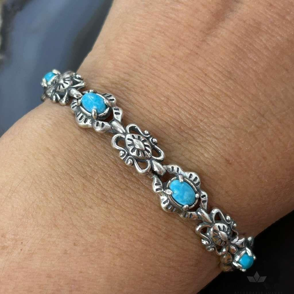 Carolyn Pollack Sterling Silver 6 Oval Turquoise Decorated Link Bracelet For Women