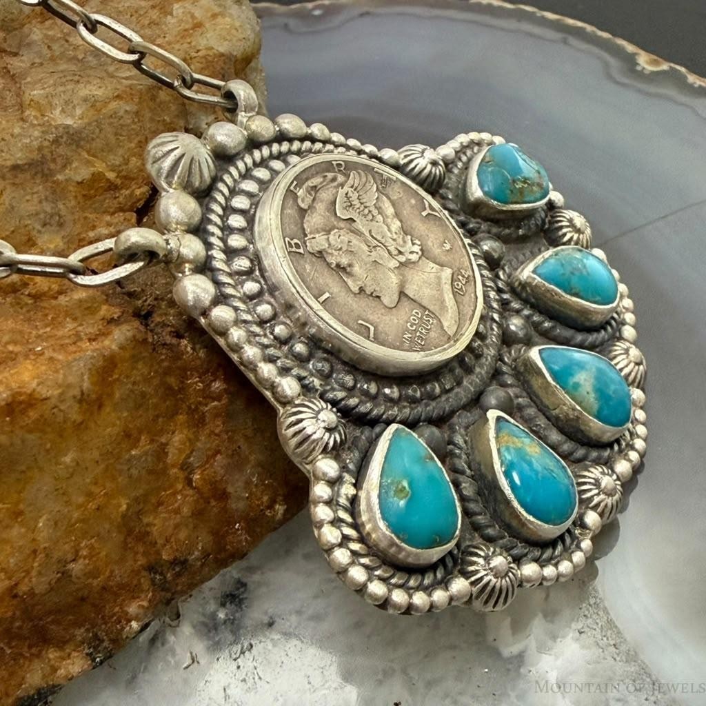 Sterling Silver Southwestern Style 1944 Mercury Dime & Kingman Turquoise Necklace For Women