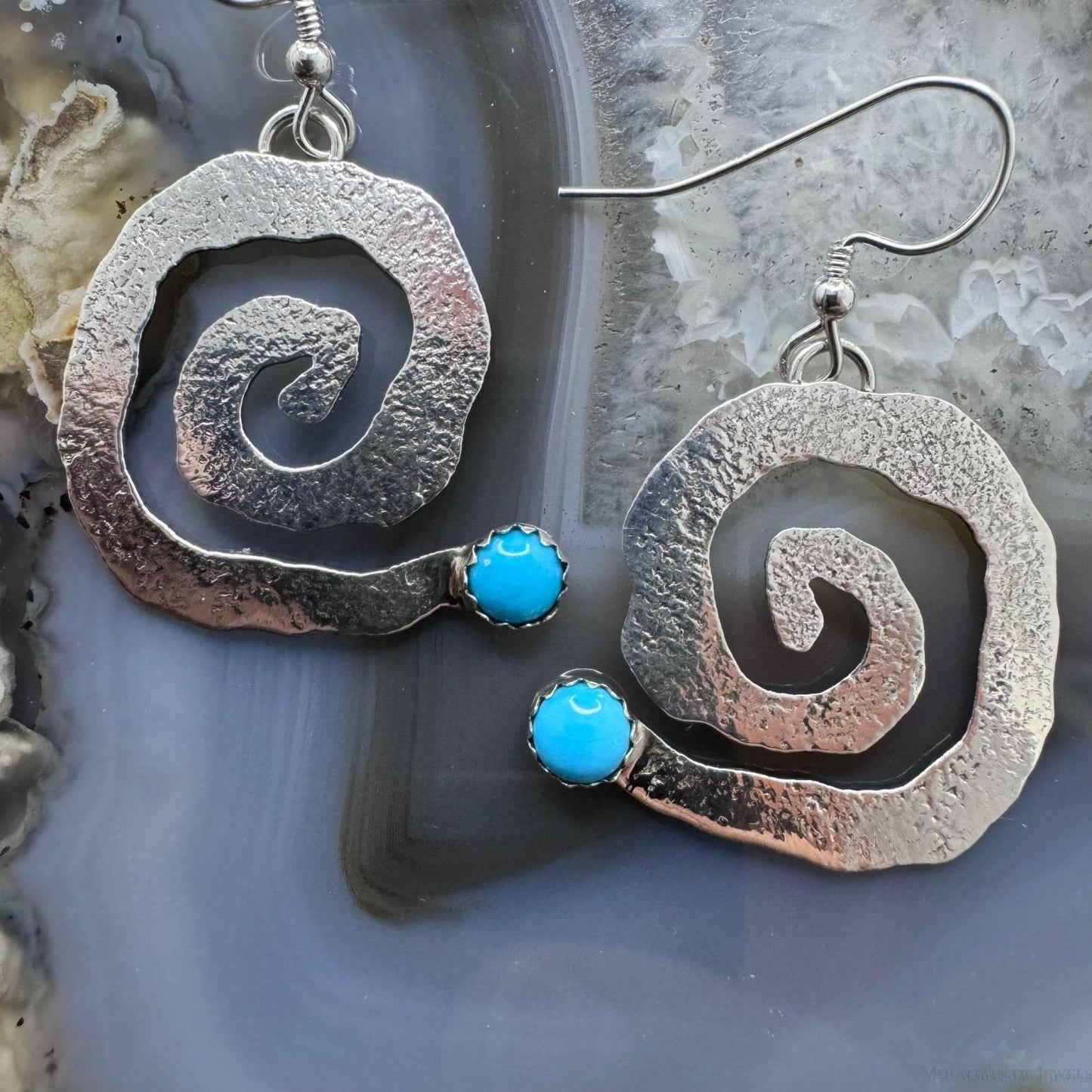 Brad Panteah Sterling Silver Turquoise Hammered Spiral Dangle Earrings For Women