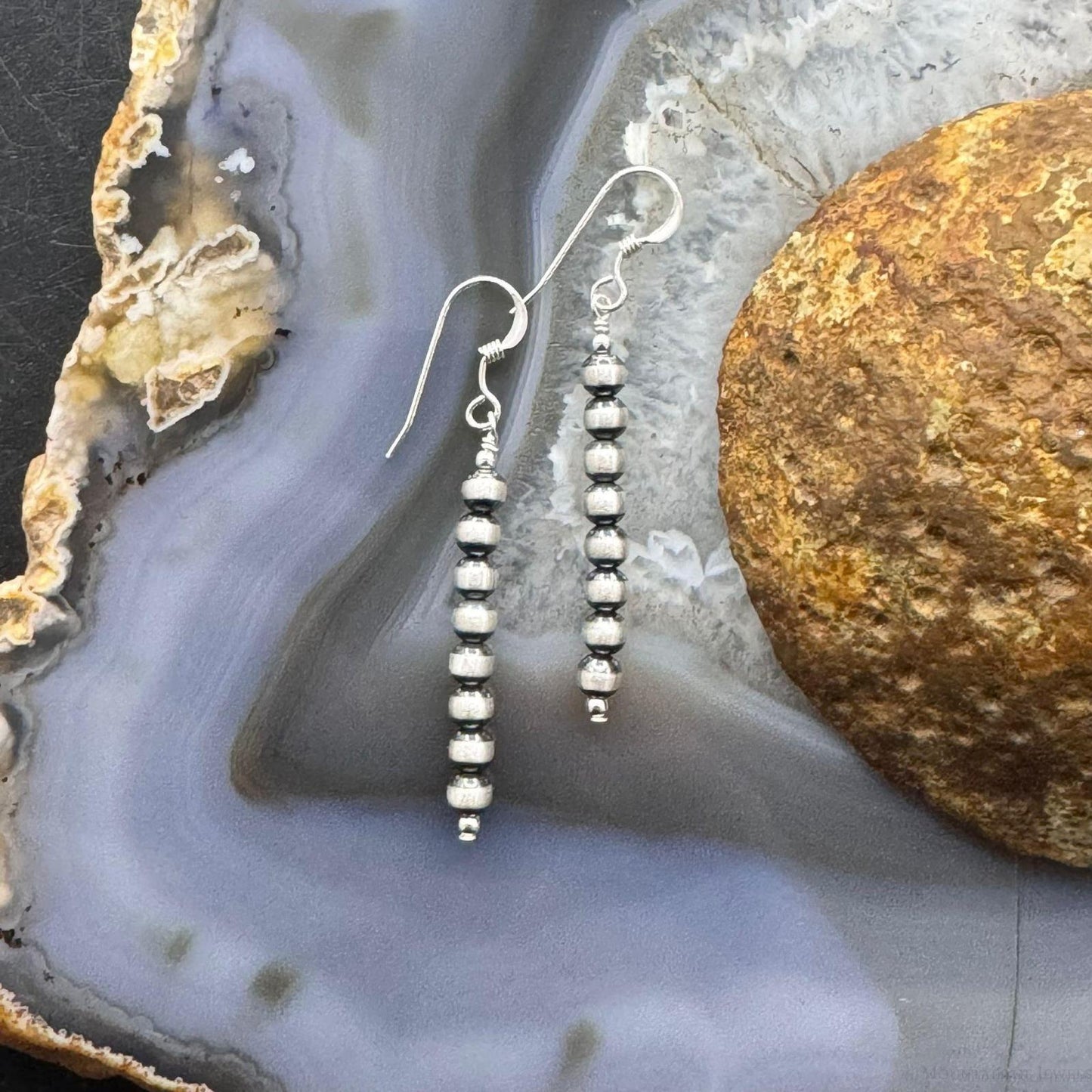 Native American Sterling Silver #8 Navajo Pearl Beads Row Dangle Earrings For Women