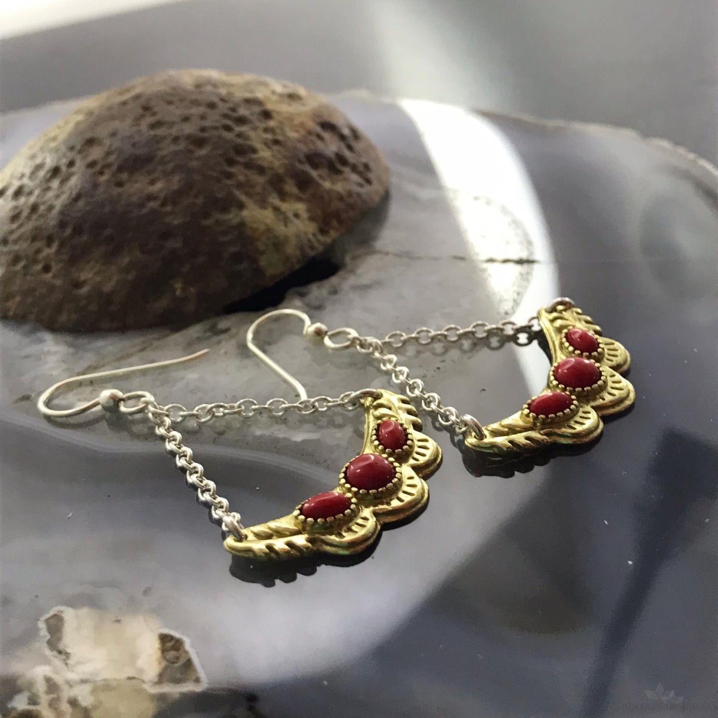 Carolyn Pollack Sterling Silver & Brass 3 Coral Decorated Dangle Earrings For Women