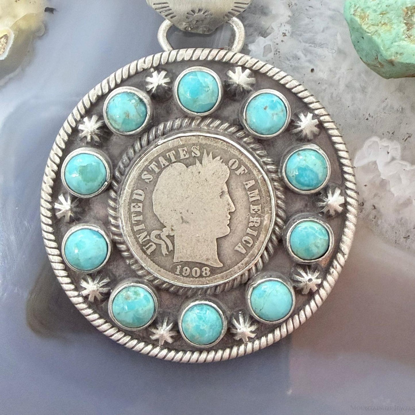 Genuine 1908 90% Silver Barber Head Dime Coin w/Mohave Turquoise Unisex Pendant