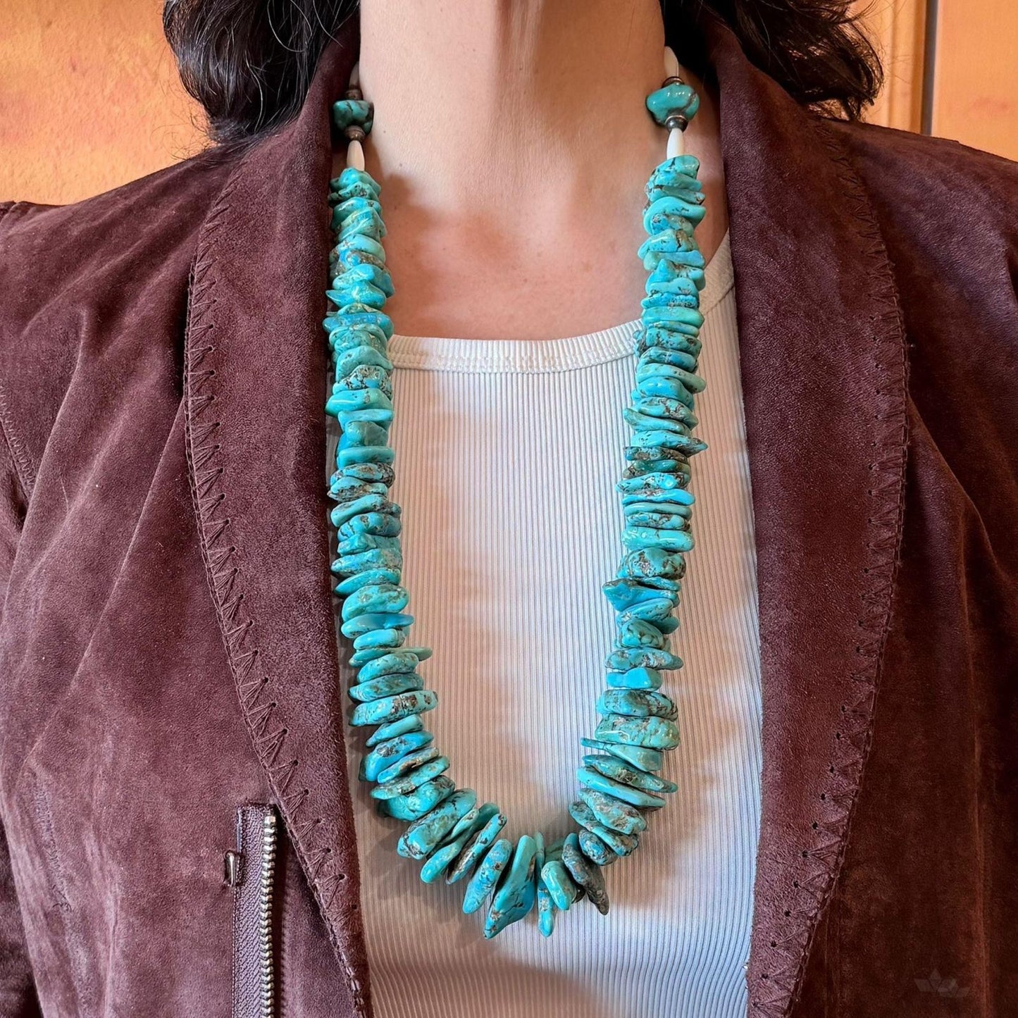 Vintage Native American Large & Heavy Rough Turquoise Beads w/MOP Necklace For Women