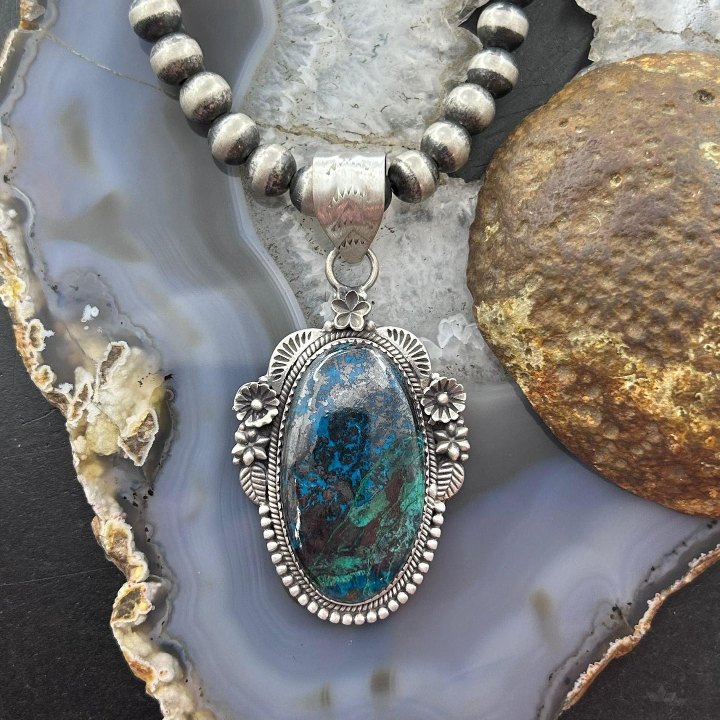 Sterling Silver Southwestern Style Oval Chrysocolla Decorated Pendant For Women