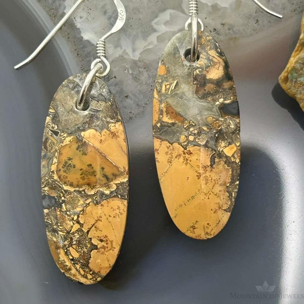 Sterling Silver Oval Maligano Jasper Slab Dangle Earrings For Women #530