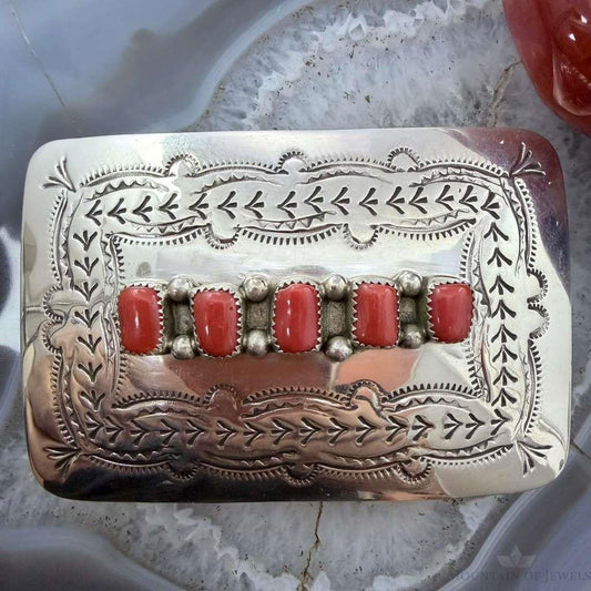 Joann Begay Native American Sterling Silver 5 Coral Stamped Belt Buckle For Men