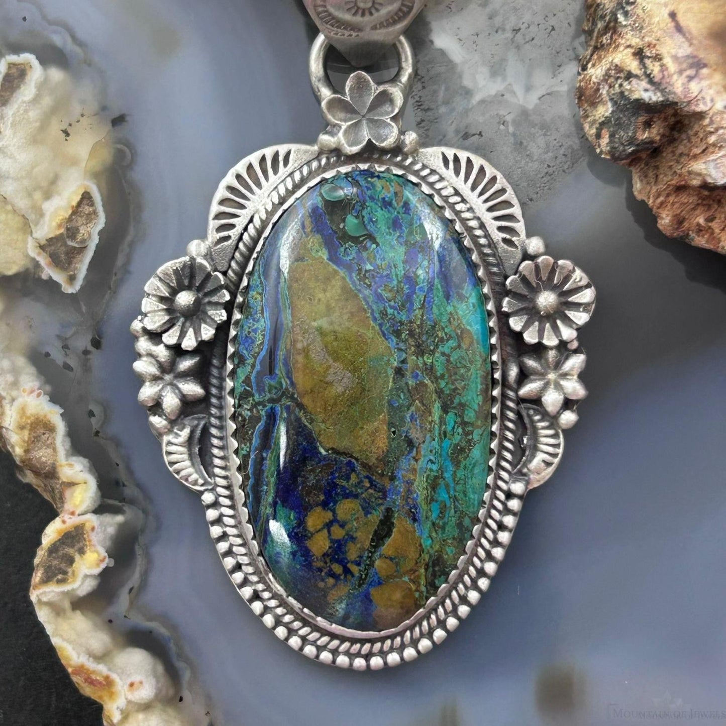 Sterling Silver Southwestern Style Oval Chrysocolla Decorated Pendant For Women