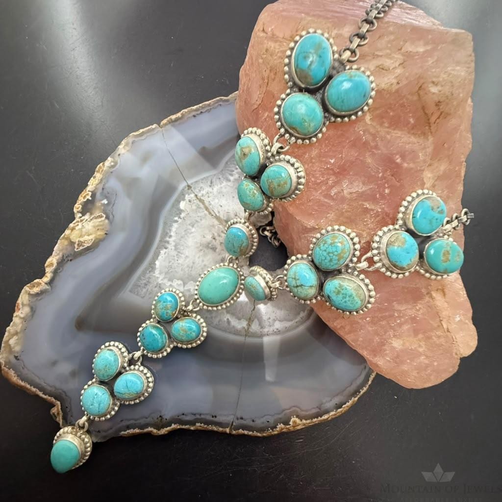 Sterling Silver Southwestern Style KingmanTurquoise Lariat Cluster 23" Necklace For Women
