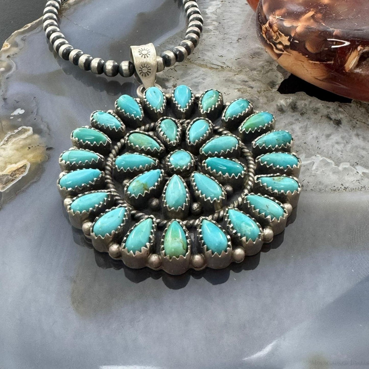 Sterling Silver Southwestern Style Teardrop Turquoise Round Cluster Pendant For Women