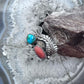 Vintage Signed Native American Silver Coral & Turquoise Leaves Decorated Ring For Women