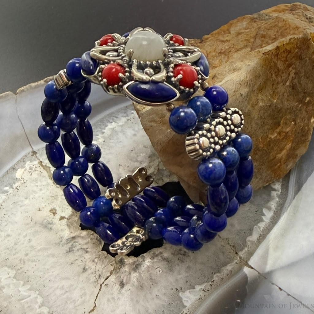 Carolyn Pollack Sterling Jaser, Lapis, Mop,3 Row Wire Stretchy Cuff For Women