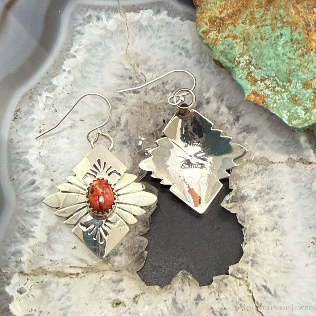 Michael Nez Sterling Silver Spiny Oyster Pueblo Life Dangle Earrings For Women