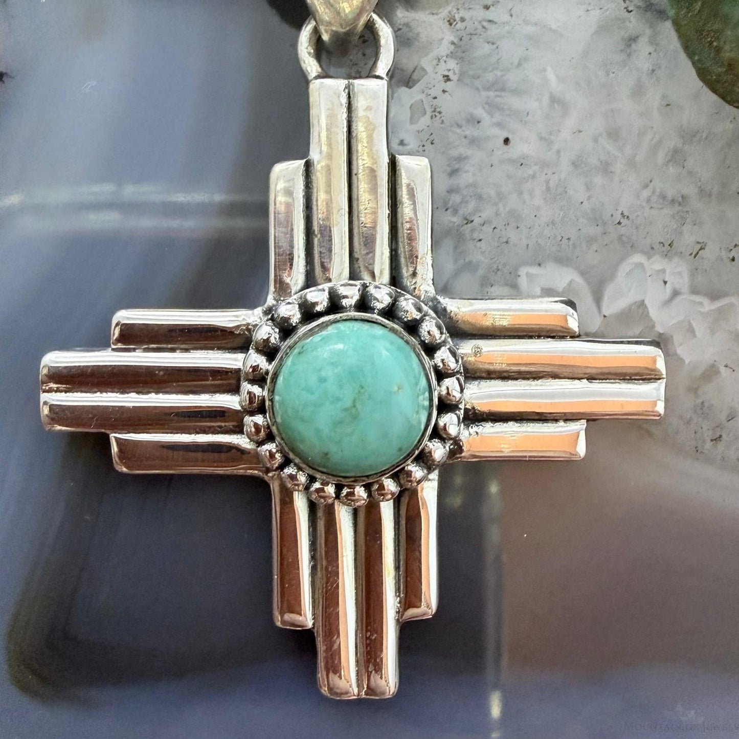 Sterling Silver Southwestern Style Teardrop Mohave Turquoise Unisex Zia Pendant