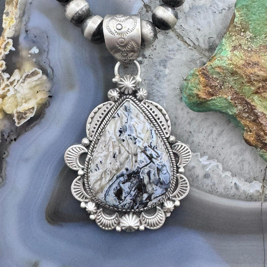 Sterling Silver Southwestern Style Wide Teardrop Dendritic Agate Decorated Pendant For Women