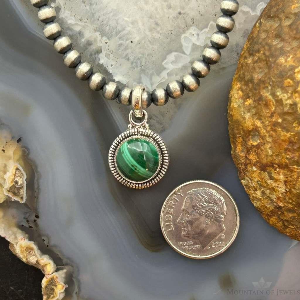Sterling Silver Southwestern Style Round Malachite Decorated Charm/Pendant For Women