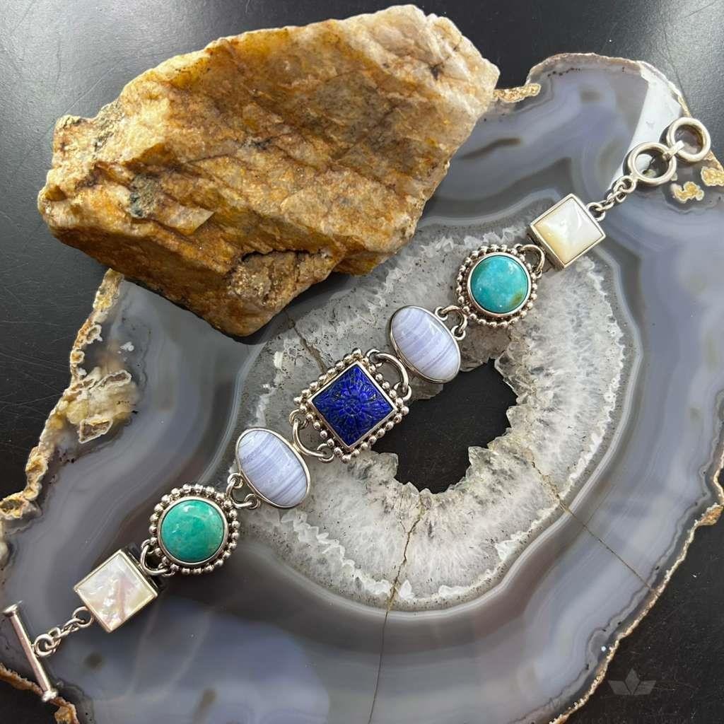 Sterling Silver Multi Shape and Stone Toggle Clasp Fashion Link Bracelet For Women