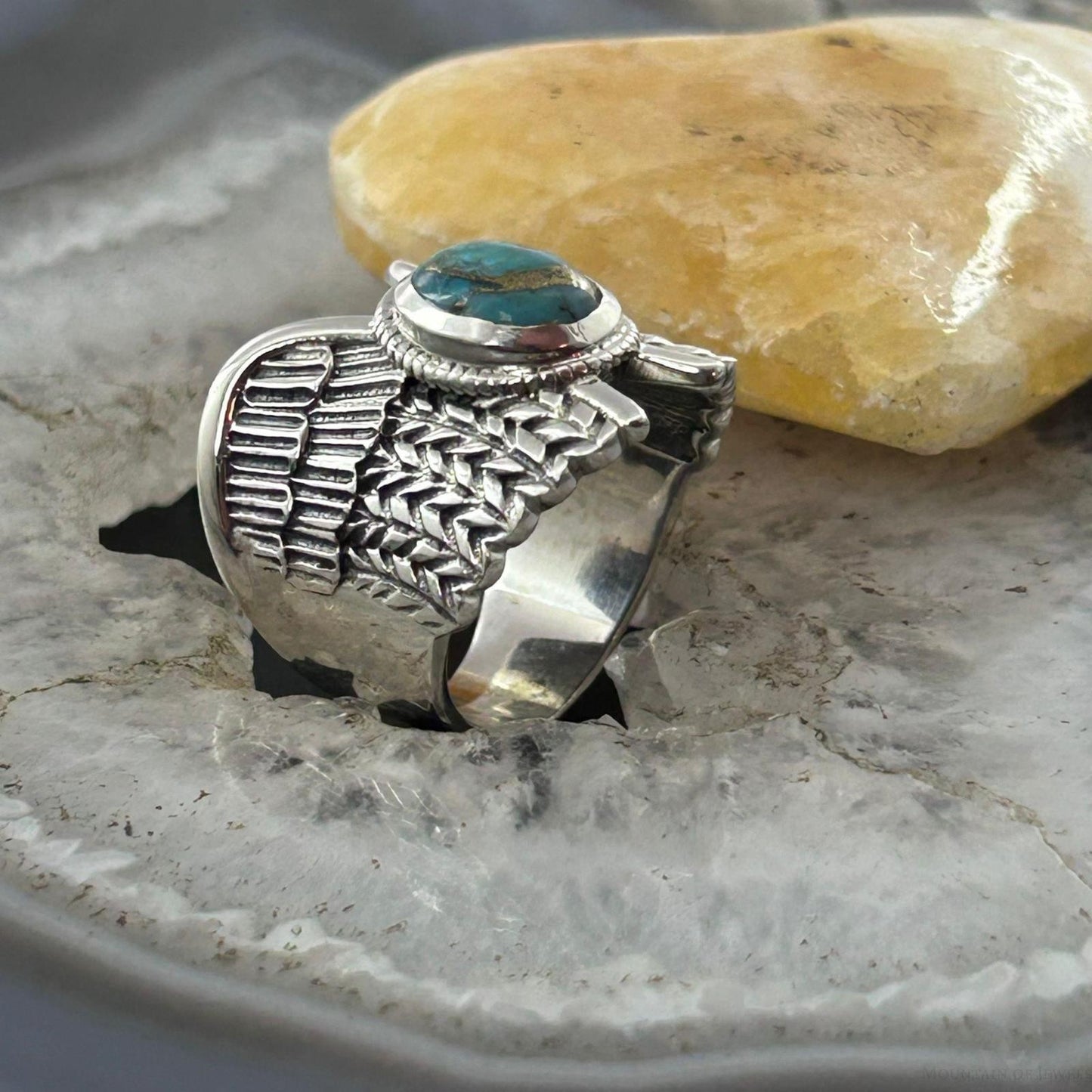Sterling Silver Southwestern Style Copper Turquoise Unisex Wing Ring Size 9