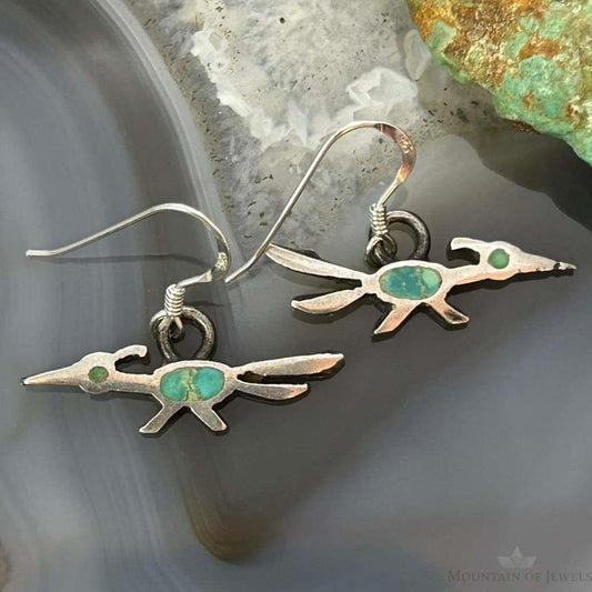 Vintage Silver Native American Roadrunner w/Turquoise Dangle Earrings For Women