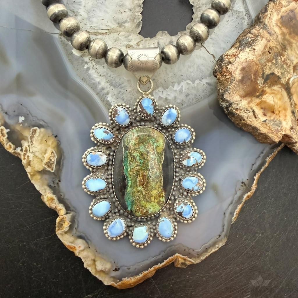 Sterling Silver Southwestern Style Blackjack & Golden Hill Turquoise Pendant For Women