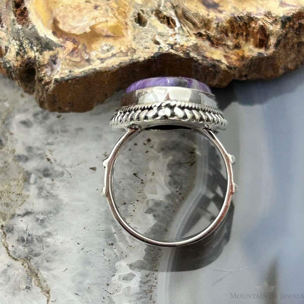 Sterling Silver Southwestern Style Teardrop Charoite Decorated Ring Size 7.5 For Women