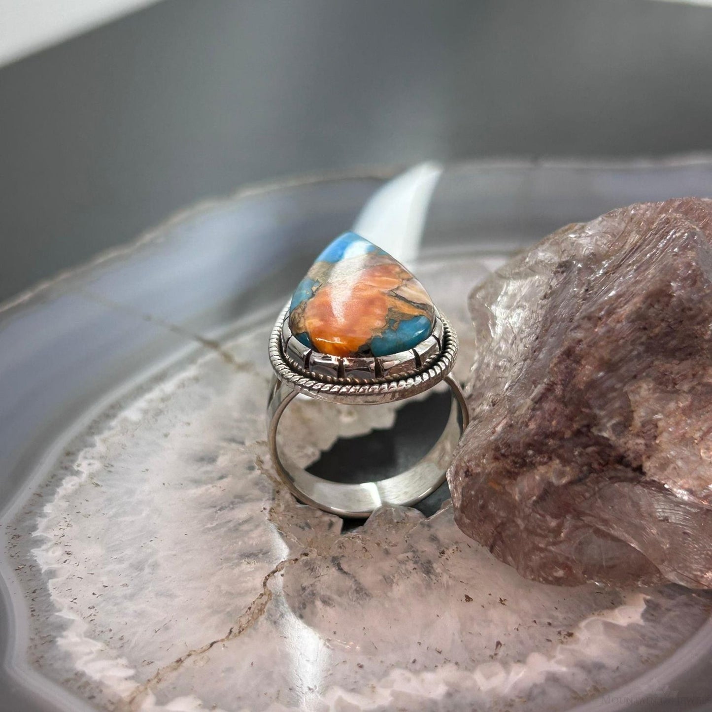 Sterling Silver Southwestern Style Teardrop Turquoise Spiny Oyster Ring Size 10 For Women