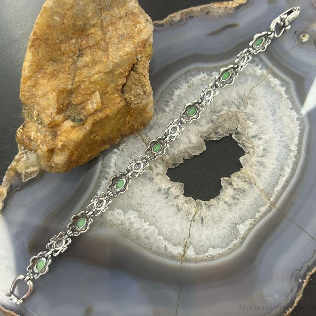 Carolyn Pollack Sterling Silver 7 Oval Variscite Decorated Link Bracelet For Women