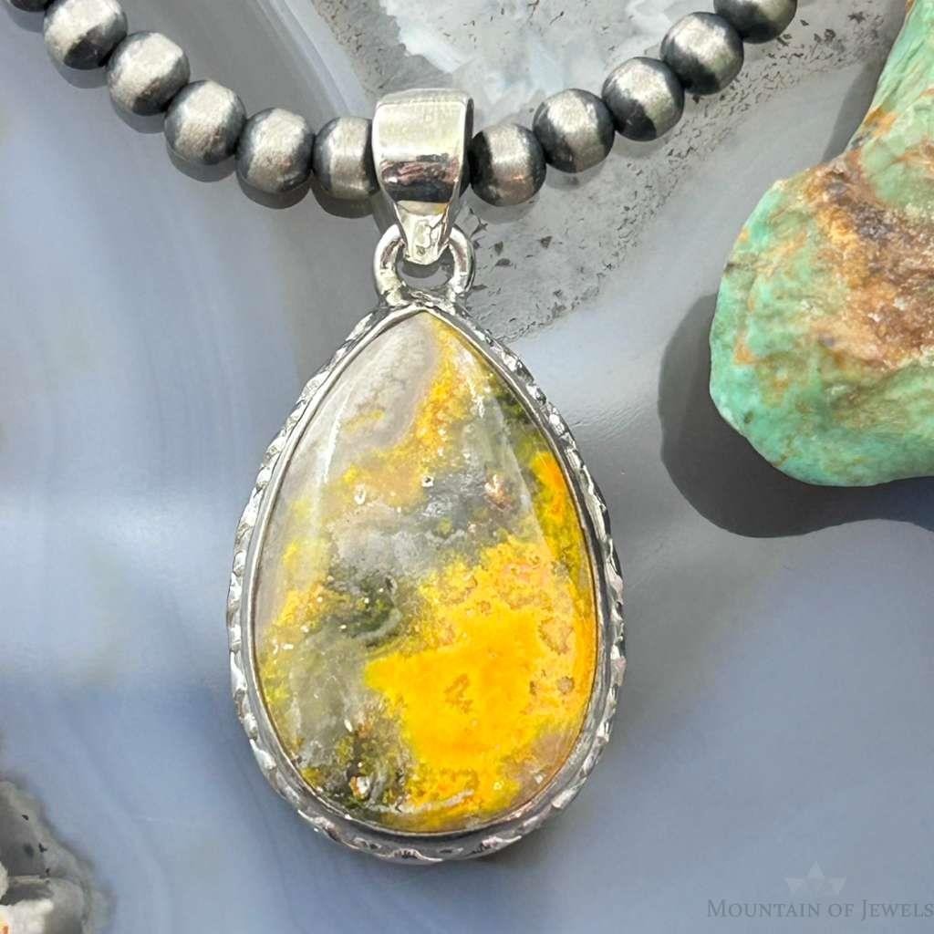Sterling Silver Southwestern Style Teardrop Yellow Jasper Pendant For